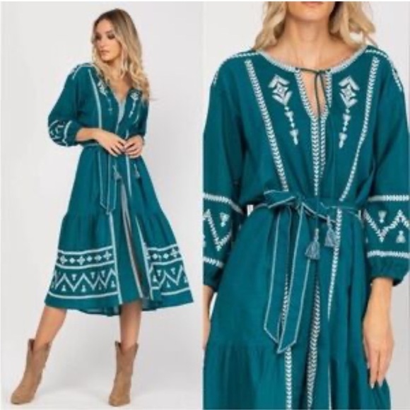 Zara Teal Embroidered Midi Dress - Picture 1 of 9